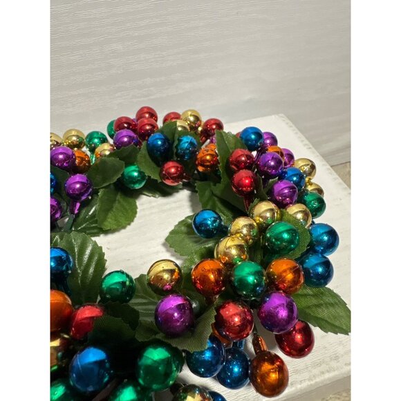Colorful Beaded Ornament Ball & Matching Wreath Green Leaves Christmas Holiday - Picture 4 of 7